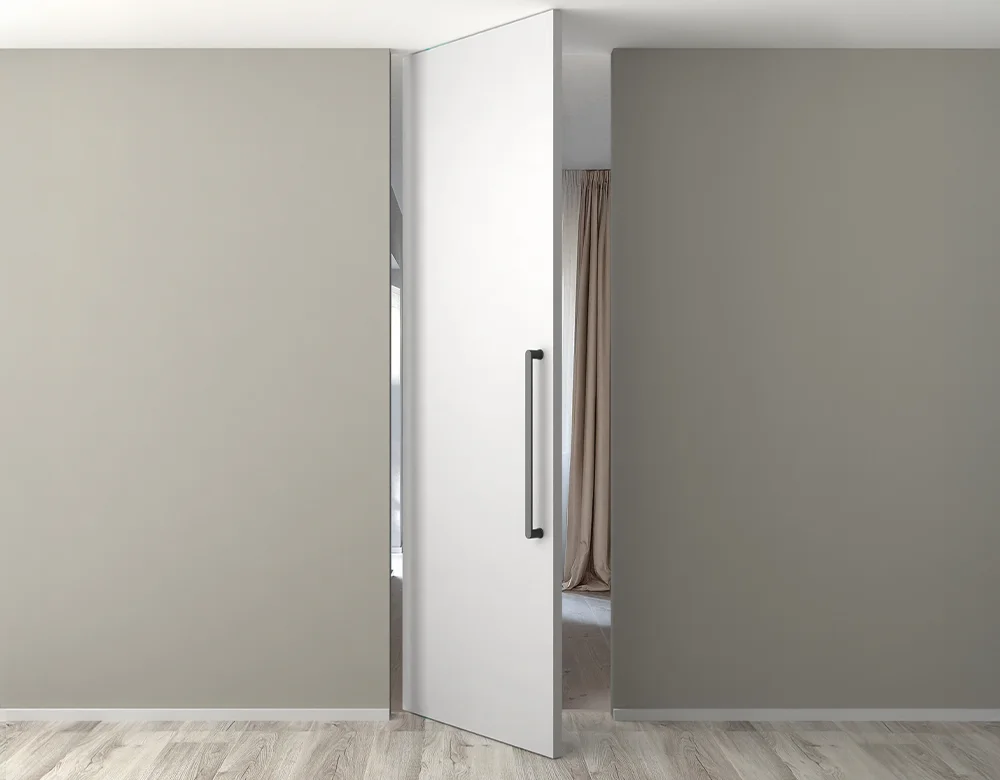 Interior door with pivot hinges